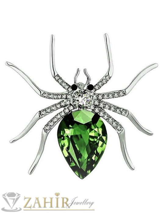 Дамски бижута - Великолепен паяк брошка с голям зелен кристал и малки бели камъни,размери 6 на 5 см, сребриста основа - B1285